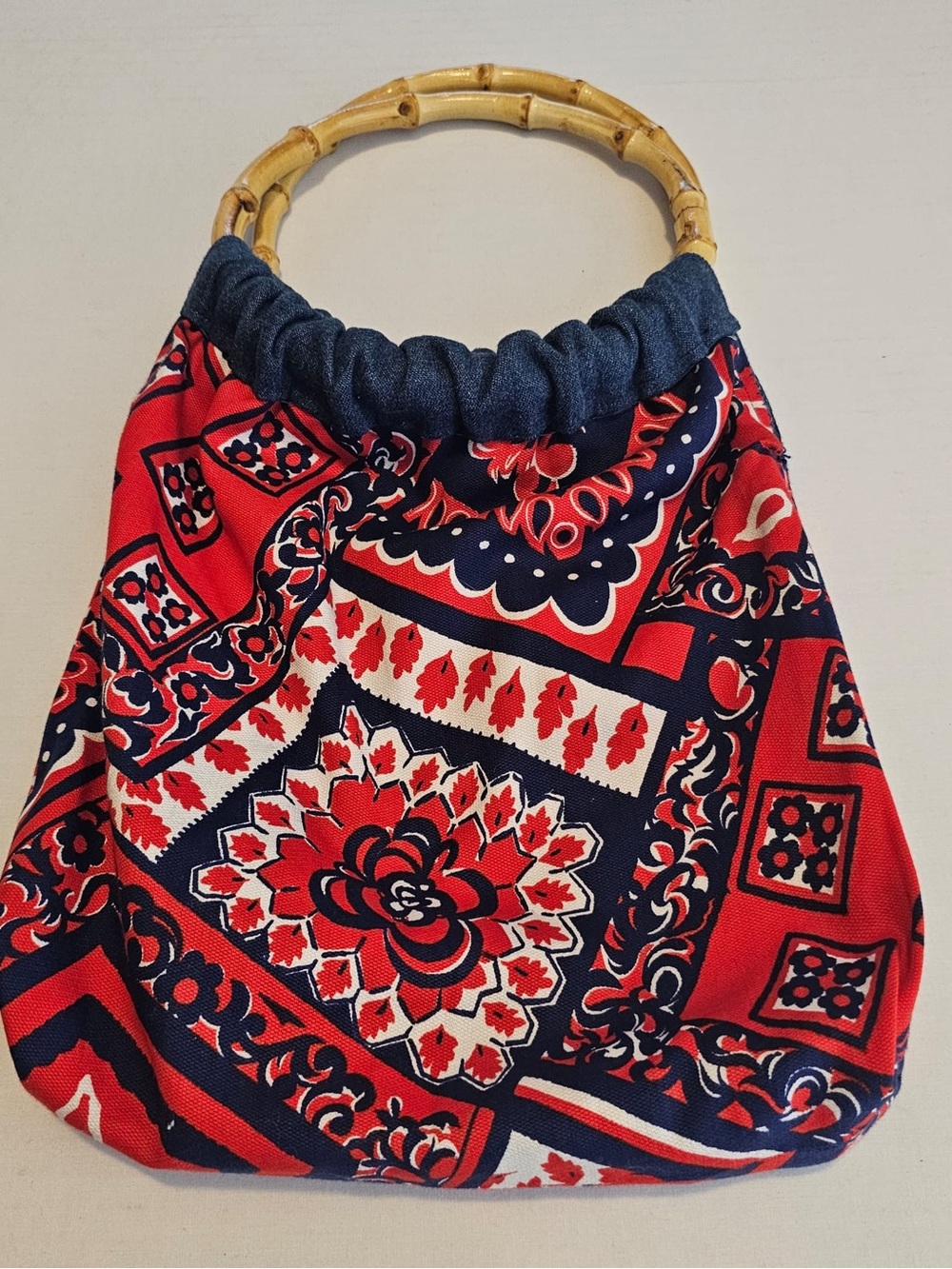 Reversible Bamboo Handle Hobo Bag Denim Blue Red Navy Boho Floral Print